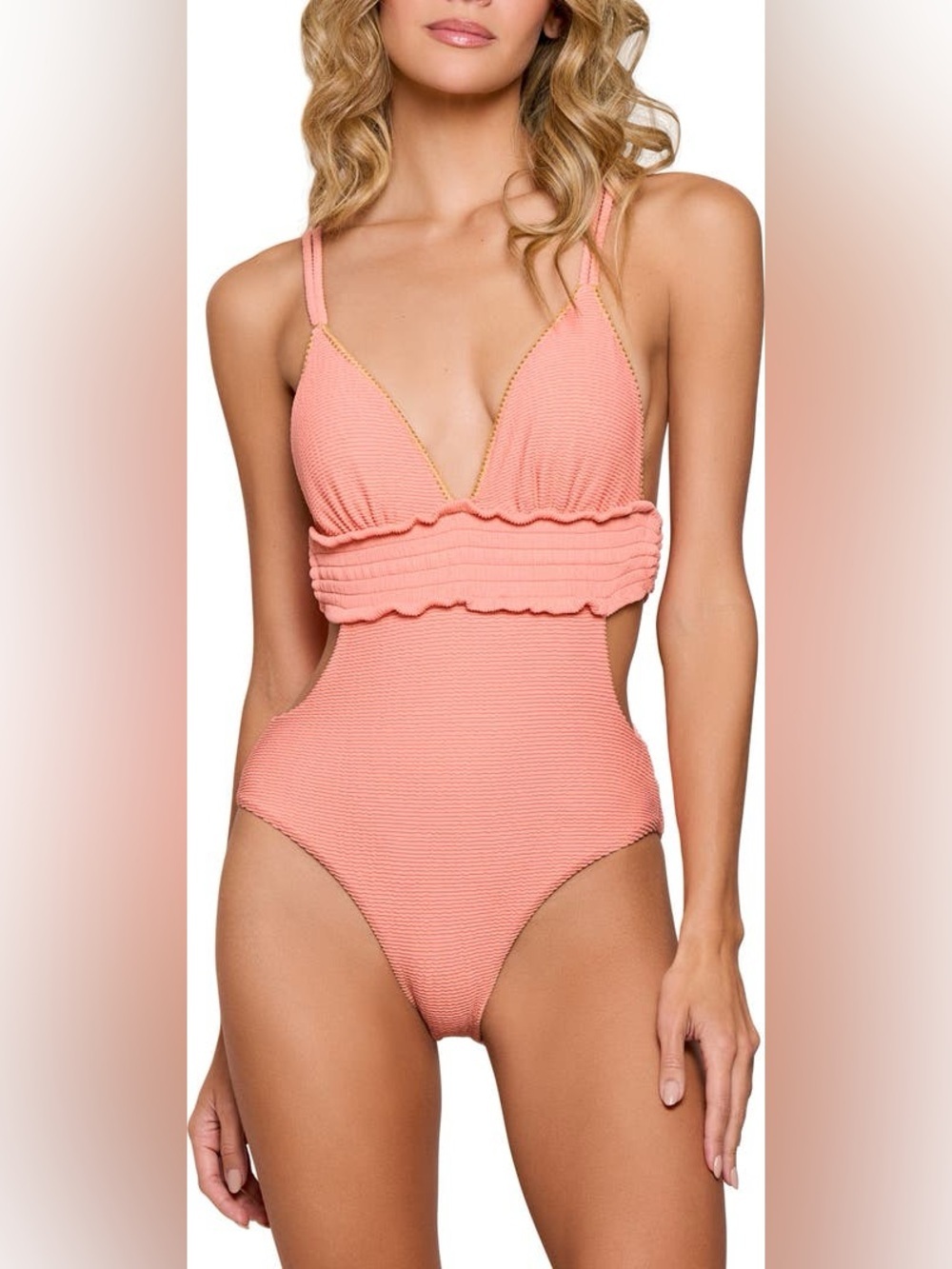NEW Cosita Linda Peach Smocked Crinkle O Ring Cut Out One Piece Swim Suit